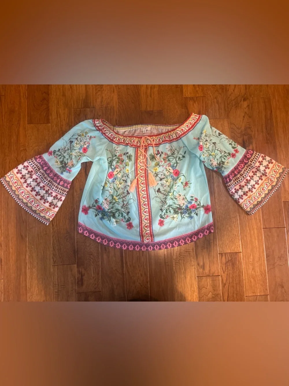 Umgee Mint Off-Shoulder Floral Peasant Blouse with Coral Trim - Picture 3 of 7